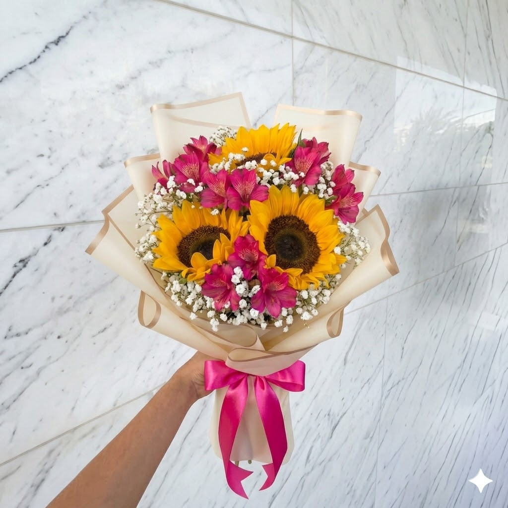 Buquê 3 Girassóis + Alstroemérias Pink — Floricultura Salvador