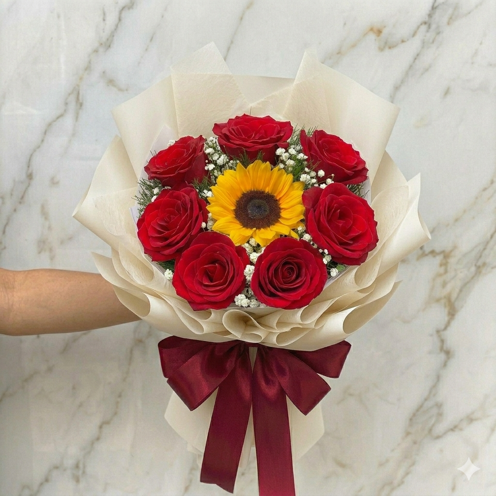 Buquê 1 Girassol e 6 Rosas Vermelhas — Floricultura Salvador