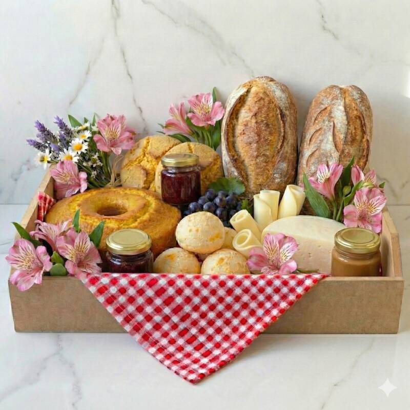 Cesta Nordestina — Pães Artesanais, Queijo, Geleias e Flores — Floricultura Salvador