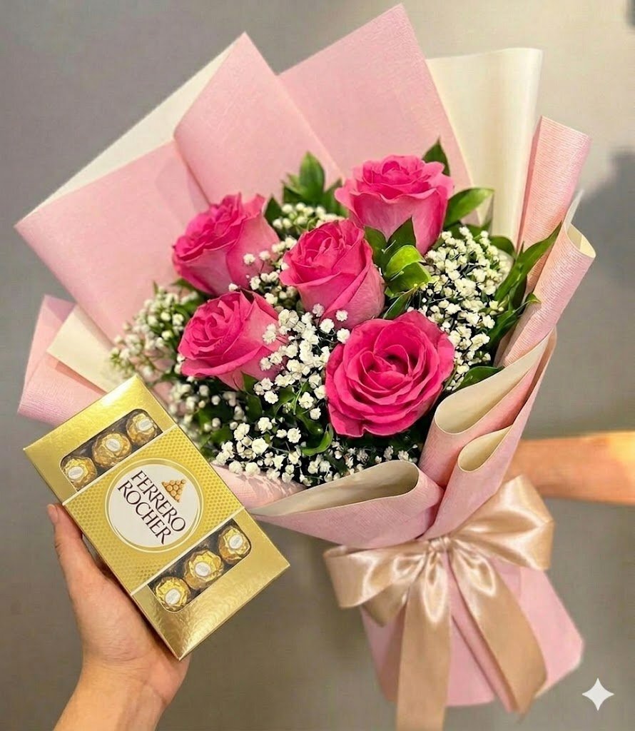 Buquê Rosas Pink + Ferrero Rocher — Floricultura Salvador